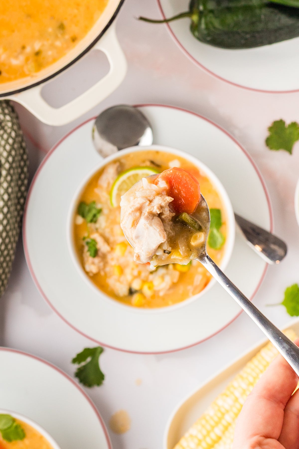 EXCLUSIVE: Corn and Poblano Soup with Chicken and Rice