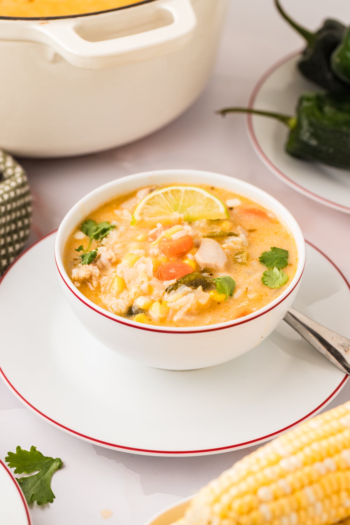 EXCLUSIVE: Corn and Poblano Soup with Chicken and Rice