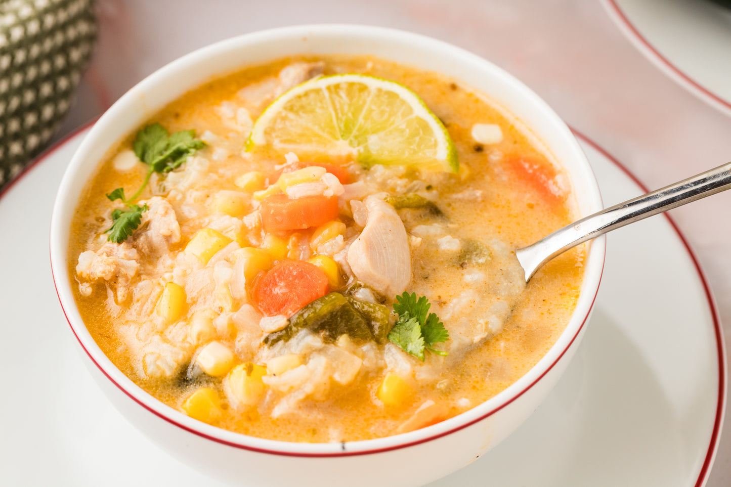 EXCLUSIVE: Corn and Poblano Soup with Chicken and Rice