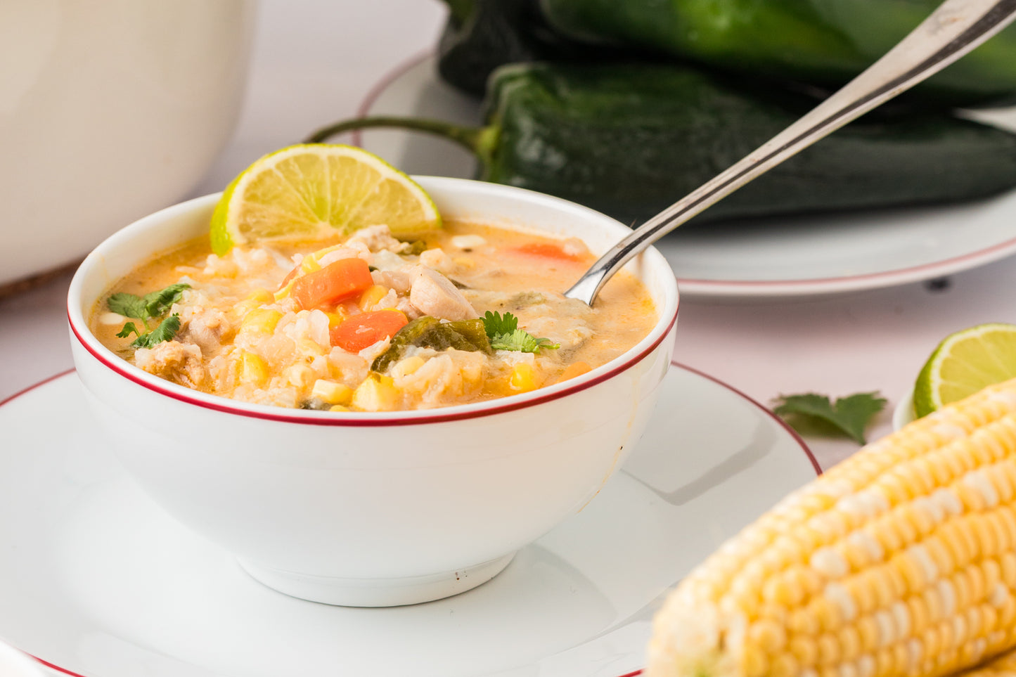 EXCLUSIVE: Corn and Poblano Soup with Chicken and Rice