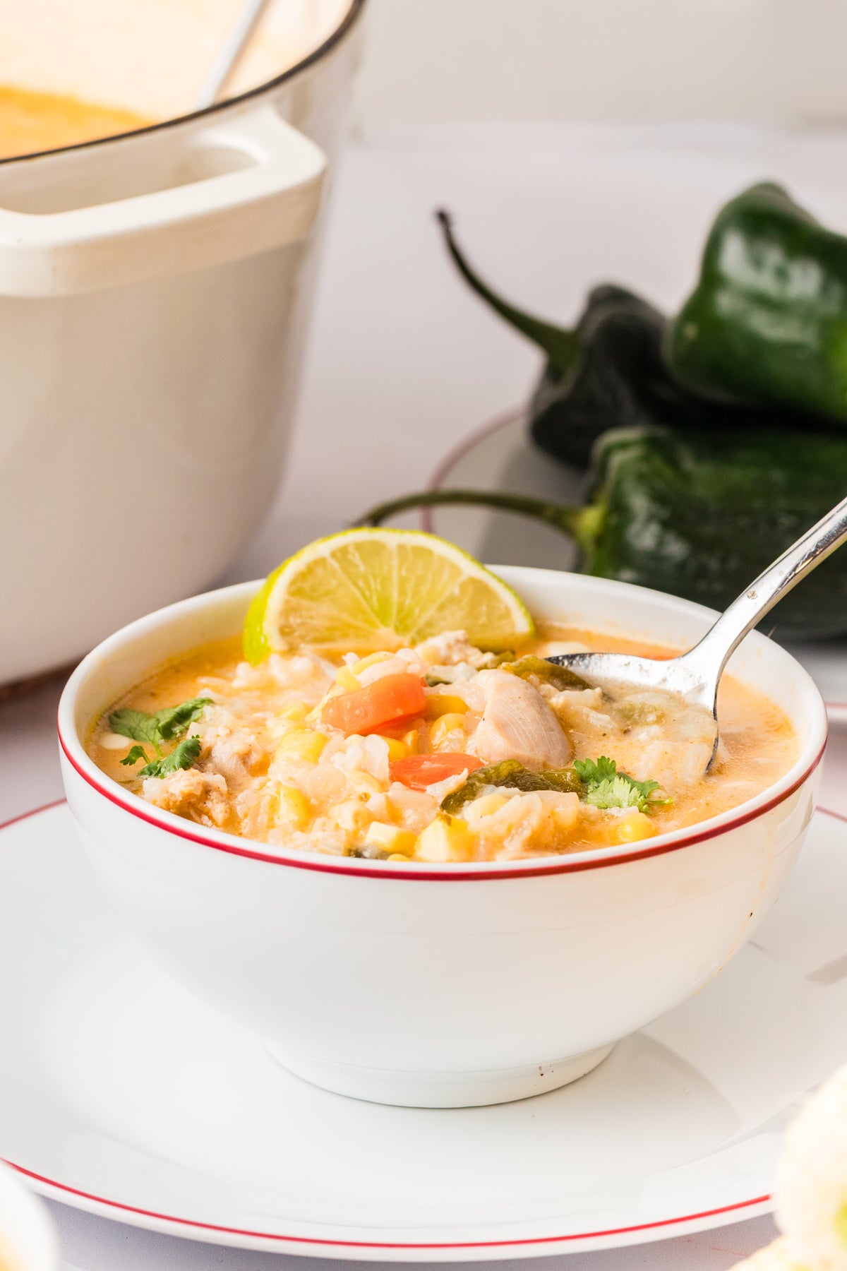 EXCLUSIVE: Corn and Poblano Soup with Chicken and Rice