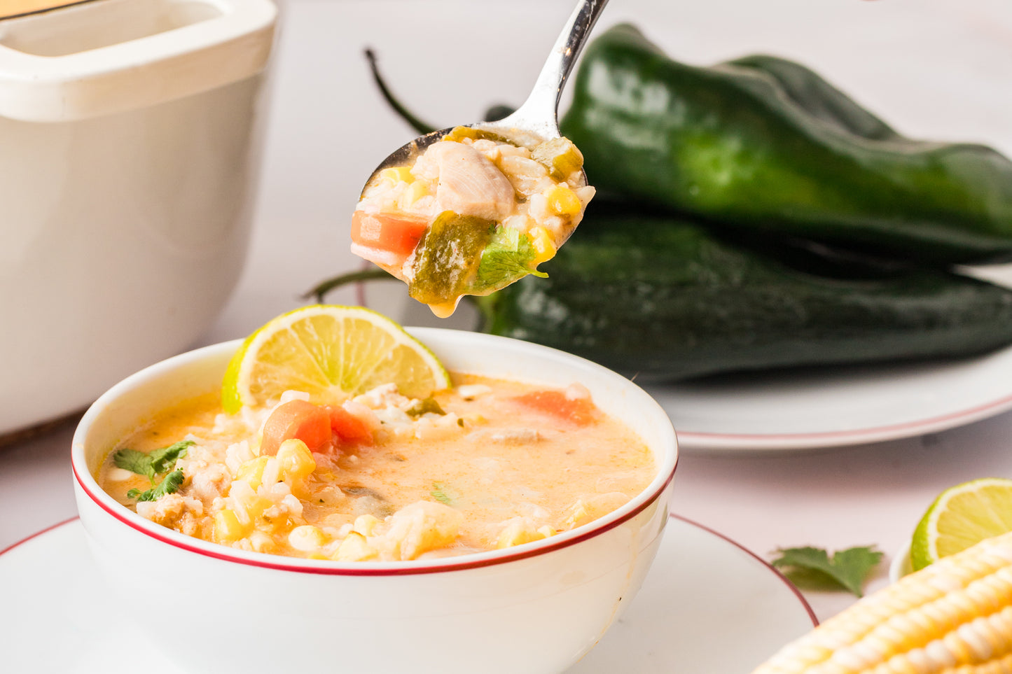 EXCLUSIVE: Corn and Poblano Soup with Chicken and Rice