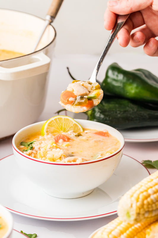 EXCLUSIVE: Corn and Poblano Soup with Chicken and Rice