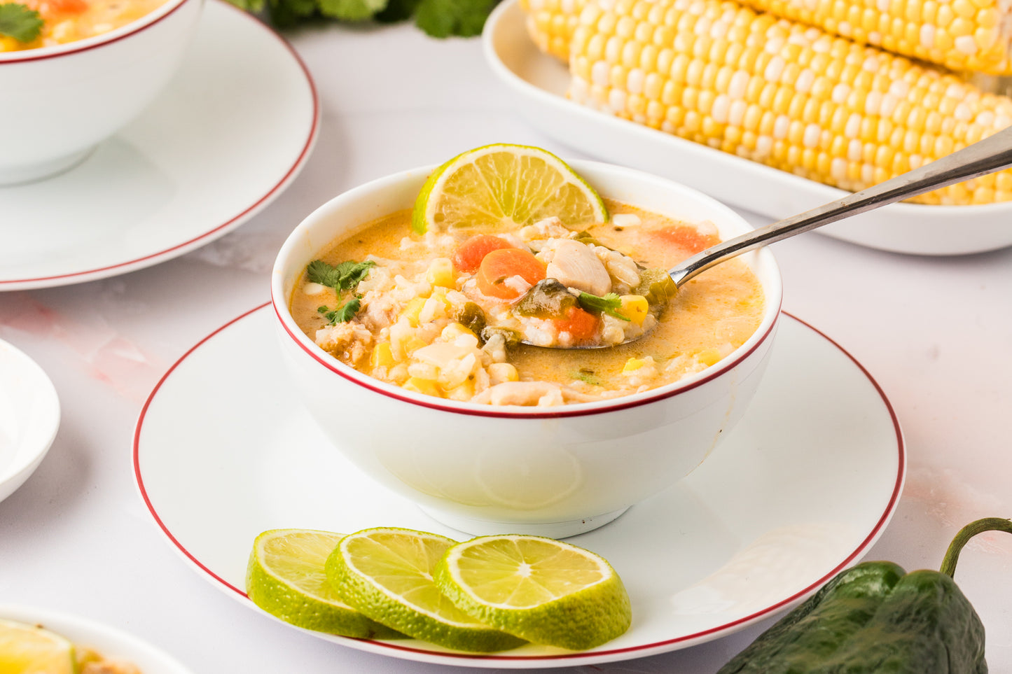 EXCLUSIVE: Corn and Poblano Soup with Chicken and Rice