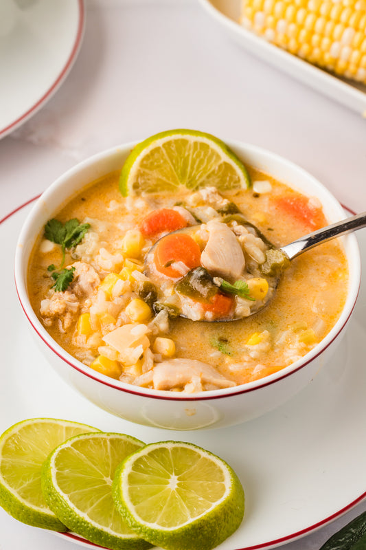 EXCLUSIVE: Corn and Poblano Soup with Chicken and Rice