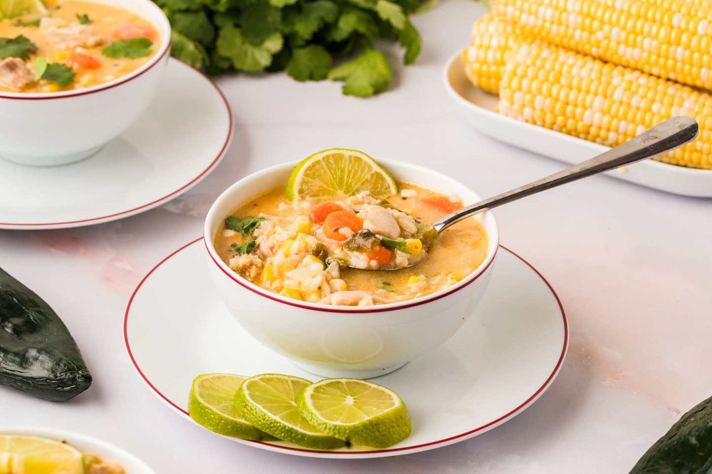 EXCLUSIVE: Corn and Poblano Soup with Chicken and Rice