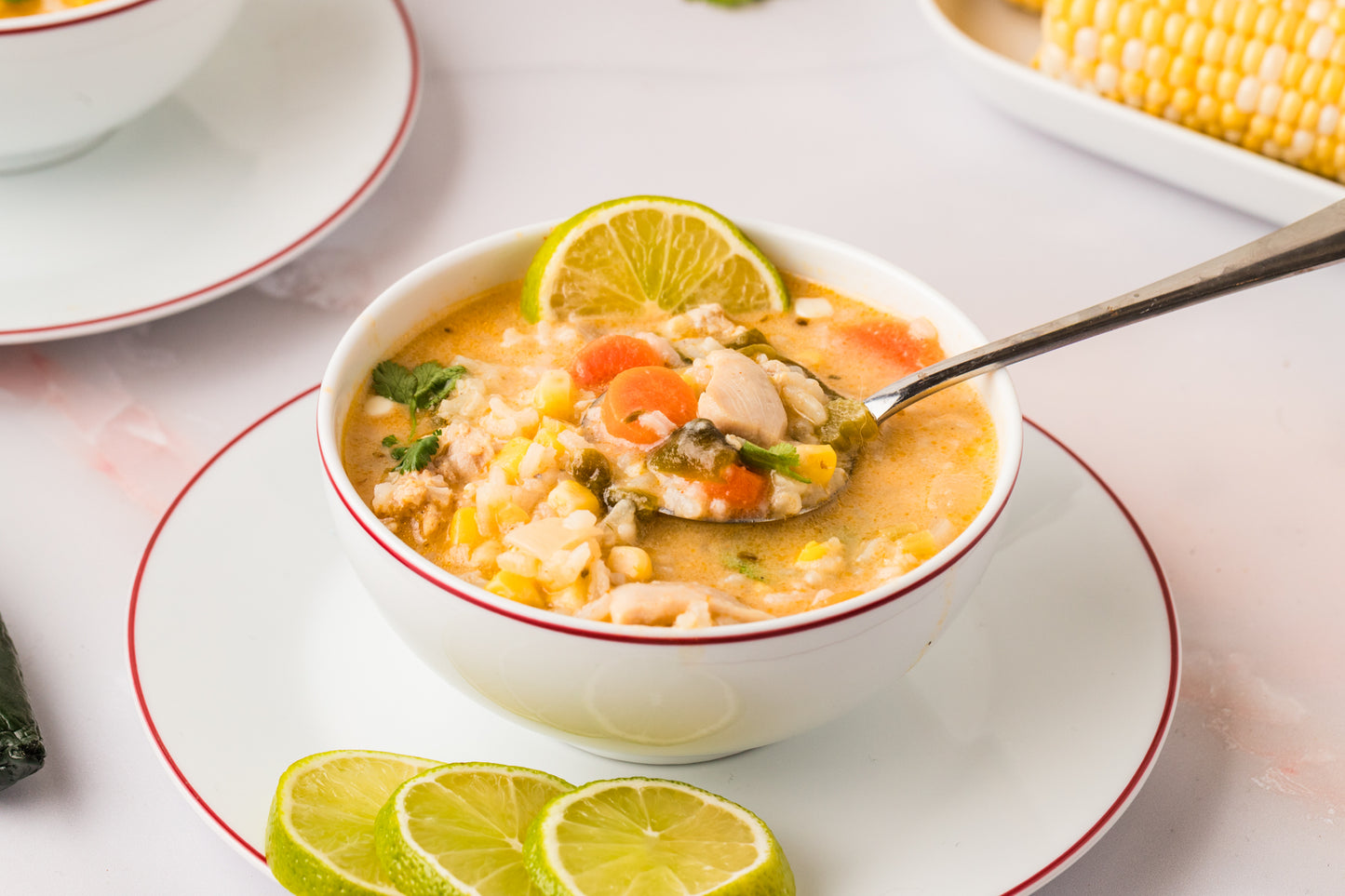 EXCLUSIVE: Corn and Poblano Soup with Chicken and Rice
